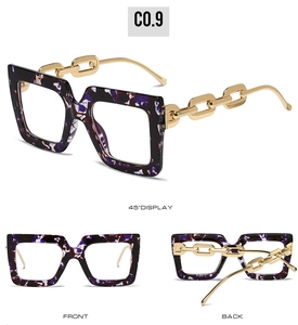 Three-way view of purple tortoiseshell square frames with gold chain-link temple detail