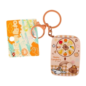 Pink Capybara spinning wheel keychain with fruit icons and cute hanging hook toy