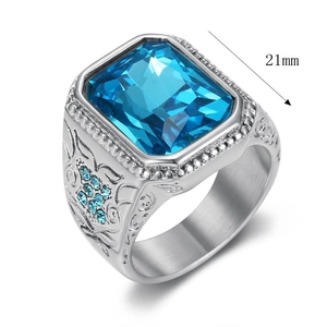 Bague hip hop argentée pour homme avec pierre bleue rectangulaire et gravures