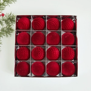 Set of 16 red velvet Christmas ball ornaments with mixed textures in silver gift box