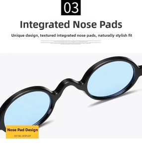 Detail view of integrated nose pads on steampunk sunglasses with blue lenses