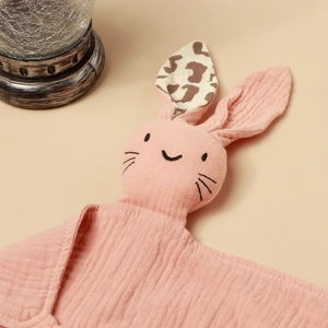Pink cotton muslin baby security blanket with plush rabbit head and leopard print ears
