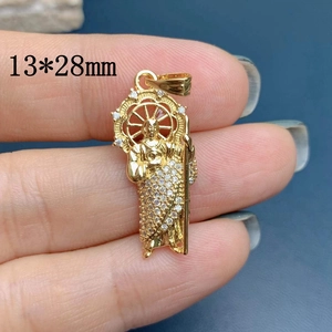 Detailed 13x28mm Saint Jude pendant in gold-plated brass with micro-pave zirconia stones
