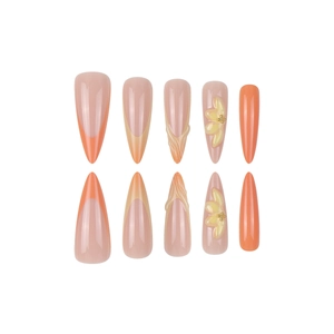 3D floral press-on nails with almond shape, coral gradient, and gold micro-beads detail