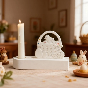 Easter candle holder with a white basket and rabbit figurine on a linen tablecloth