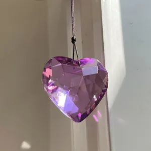 Faceted purple heart-shaped crystal prism pendant suncatcher with deep brown hanging cord