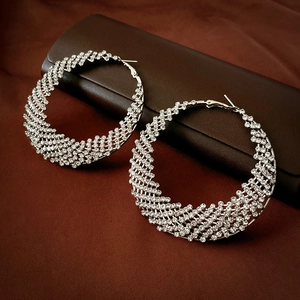 Alloy Rhinestone Geometric Hoop Earrings With 925 Sterling Silver Earring Post Exaggerated Luxury Hollow Woven Jewelry