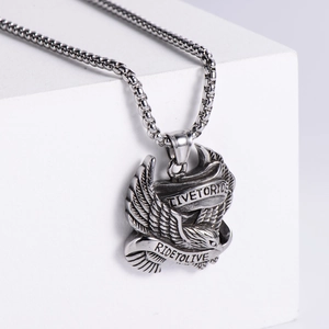 Punk eagle pendant necklace in silver stainless steel with Live to Ride engraving