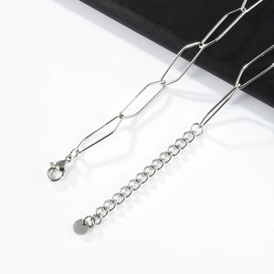 Close-up of silver paperclip chain with lobster clasp and adjustable extension link