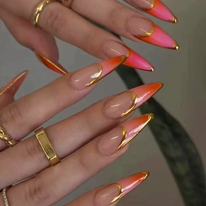 Press On Nails Long Almond French Gradient Pink With Gold Line Removable ABS False Nails For Women Wearable