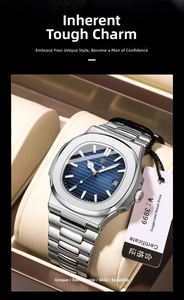 Close-up of luxury men's steel watch with blue textured dial and date window