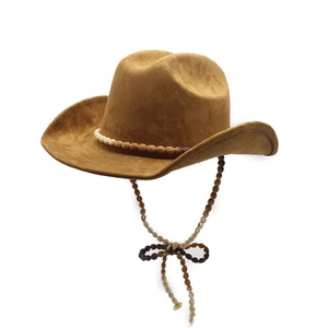 Brown faux suede cowboy hat with ethnic beaded band and adjustable windproof chin cord