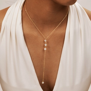 Women's Stainless Steel Y-Shaped Necklace Gold Plated Cross Chain With Round Zirconia Tassel Pendant Minimalist Jewelry