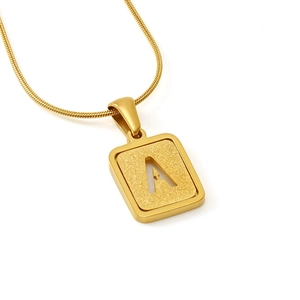 Gold plated stainless steel letter A pendant necklace with frosted texture and snake chain