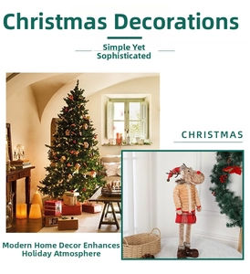 Detail of a plush Christmas reindeer doll in a red plaid skirt with festive home decor