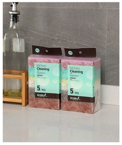 Kitchen cleaning sponges 5-pack in floral packaging on a modern countertop