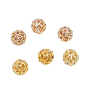 Hollow gold-plated spherical beads with micro-paved zircons for DIY jewelry making