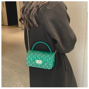 Detail of green transparent jelly bag with quilted pattern and beaded handle on model