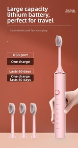 Pink sonic electric toothbrush kit with six cleaning modes and three replacement heads