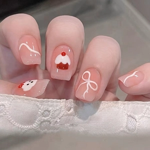 Unghie Finte Pink Jelly Simpatico Cane Cartone Animato Fiocco Cupcake Stile Dolce Manicure Resina Artificiale