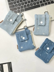 Denim Card Holder Small Multi Slot Coin Purse Zipper Button Flap Star Bow Print Portable Hanging Pouch Streetwear