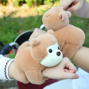 Adorable plush brown raccoon slap bracelet for kids featuring soft faux fur materials