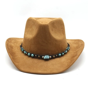 Detail of brown suede cowboy hat with turquoise and metal beaded woven band ornament
