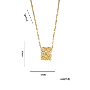 Gold titanium steel necklace with micro-pave cylinder pendant and dimension details