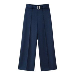 Pantalon large bleu marine à taille haute en sergé avec ceinture à boucle dorée