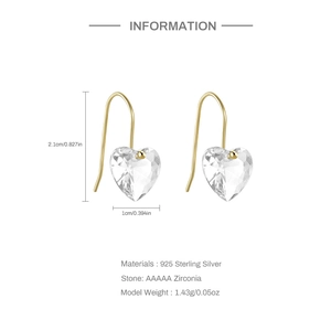 Detail showing 925 sterling silver heart earrings with dimensions and AAAAA zircon specs