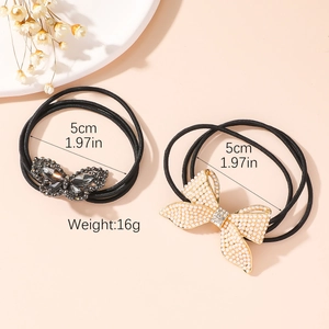 Elastic hair ties with rhinestone butterfly and golden pearl bow charms, 5cm diameter
