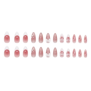 24pcs French almond press-on nails with pink gradient cat eye and 3D bow accent