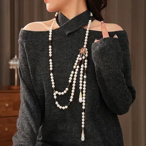 Vintage Multi Layer Long Necklace With Faux Artificial Pearl Flower Water Drop Pendant Alloy Glass Beads Retro Jewelry