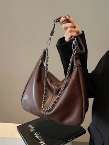 Retro dark brown PU leather underarm bag with silver chain and adjustable shoulder strap