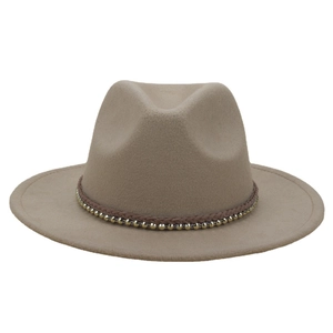 Khaki wool fedora hat with braided band and gold metallic studs shown from a side view