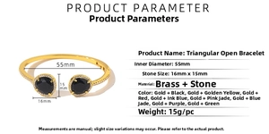 Detail showing dimensions of geometric triangle bangle with black zircon and brass finish