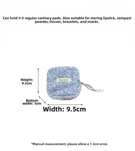 Blue and white leopard print plush menstrual bag with dimensions 9.5x9.5x5cm details