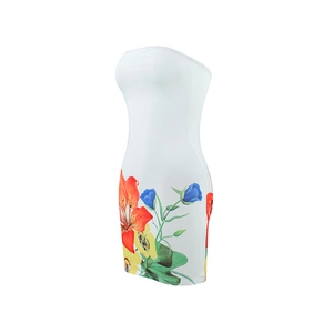 Detailed view of white floral print tube dress with colorful pattern and slim fit design