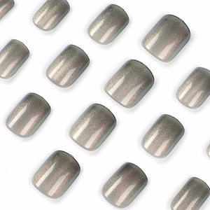 Short squoval holographic cat-eye press-on nails in elegant grey shimmer finish