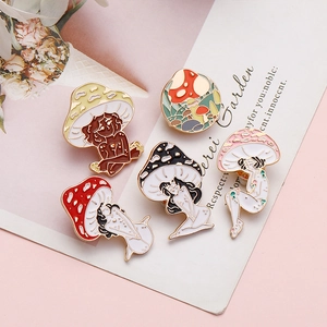 Set of five creative mushroom girl enamel pins with colorful alloy drip oil designs