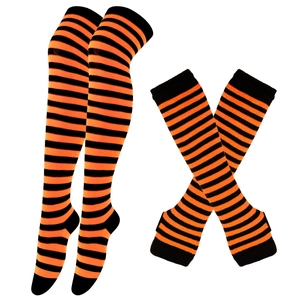 Halloween cosplay set with orange and black striped over-knee socks and fingerless gloves