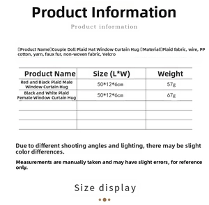 Size chart showing materials and dimensions for the Christmas gnome curtain tiebacks