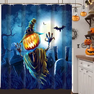 Halloween Duschvorhang mit Kürbis Vogelscheuche, Fledermäusen und Vollmond, 180x180cm Groß