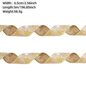 Detail view of 6.5cm Christmas linen ribbon with gold snowflakes and size specifications