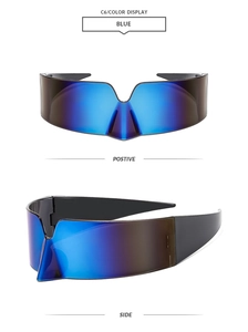 Macro shot of blue mirrored one-piece futuristic sports sunglasses with black temples