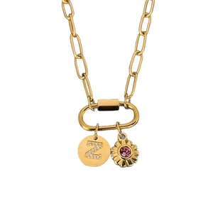 Gold chain necklace featuring a rhinestone letter Z pendant and pink flower charm