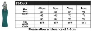 Size chart for halter sequin dress including bust and waist measurements in cm