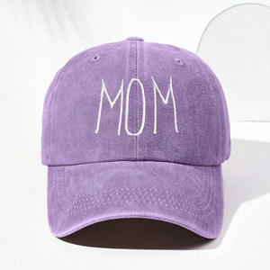 Classic purple washed cotton baseball cap featuring MOM white embroidery on the front