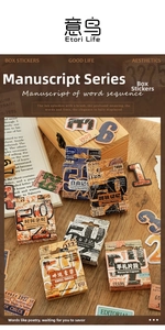 Detailed close-up of retro themed scrapbooking stickers with vintage newspaper textures