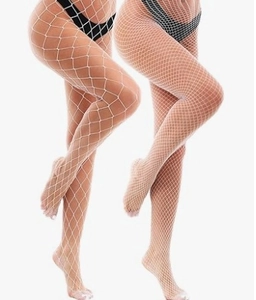 Detail view of white fishnet stockings showing large diamond mesh and fine micro mesh textures